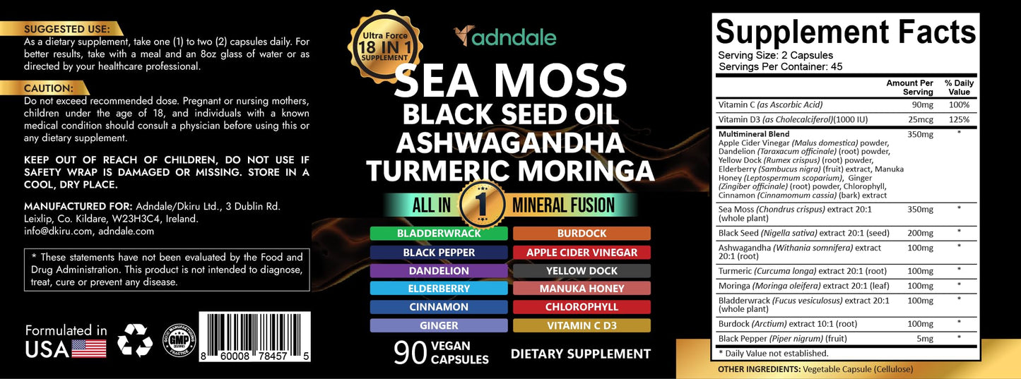 Adndale Sea Moss Capsules - Sea Moss Blend with Ashwagandha, Turmeric- 90 Count