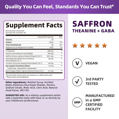 10-in-1 Saffron Supplements Gummies - Saffron Extract 88.5 mg with L-Theanine, GABA, Ashwagandha, Turmeric,Magnesium – Mood, Focus, Vision Support & Cortisol Balance, Sugar Free, Vegan, 60 Counts LukareeBuy Supplements Australia