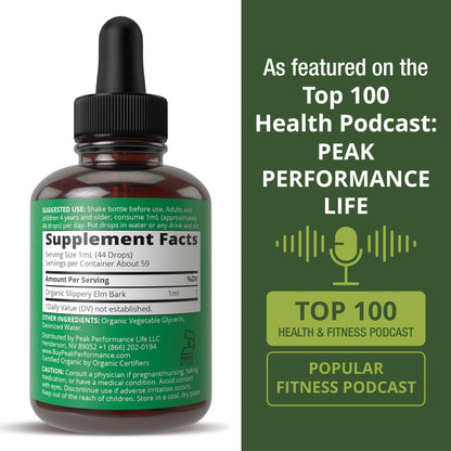 Slippery Elm Bark USDA Organic Vegan Liquid Drops. Extract with High Bioavailability for Women, Men, Kids. for Sore Throat, Irritated Stomach. Zero Sugar, Gluten Free, Tincture Supplement No Capsules Peak PerformanceBuy Supplements Australia