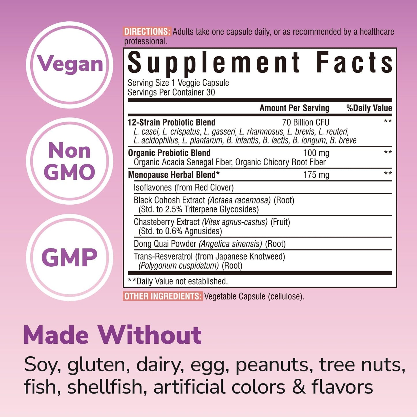 Vitalibre Menopause Probiotics for Women 70 Billion CFU, 12 Targeted Strains, Organic Prebiotics, Black Cohosh Resveratrol Red Clover Chasteberry Dong Quai, Hot Flash Night Sweat+, No Estrogen, 30 Ct VitalibreBuy Supplements Australia