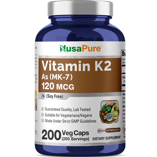 NusaPure Vitamin K2 MK7 120 mcg 200 Veggie Caps (Soy Free, Non-GMO, Vegan) NusaPureBuy Supplements Australia