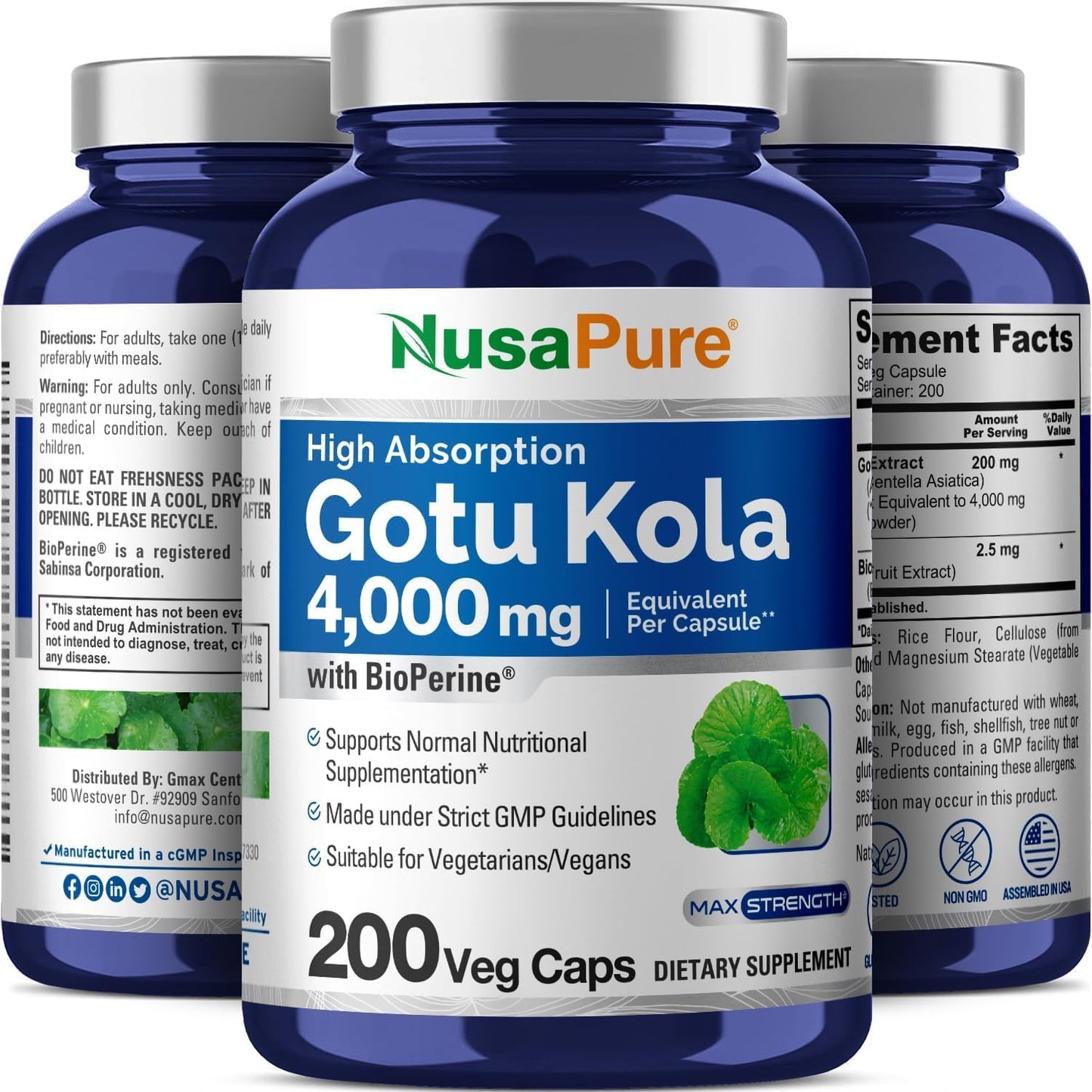 NusaPure Gotu Kola Capsules 20:1 Extract, 200 mg Equivalent to 4000mg Per Veggie Caps, 200 Count, Non-GMO, Vegan, Bioperine - Traditional Herb Extract NusaPureBuy Supplements Australia
