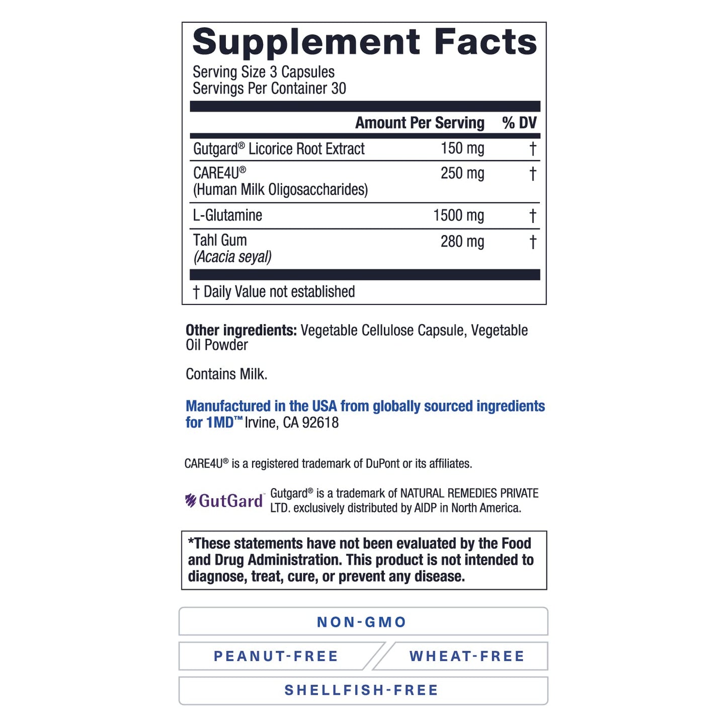 1MD Nutrition GutMD - L-Glutamine Capsules w/Prebiotic for Gut Health - L Glutamine Supplement - Supports Healthy Digestive