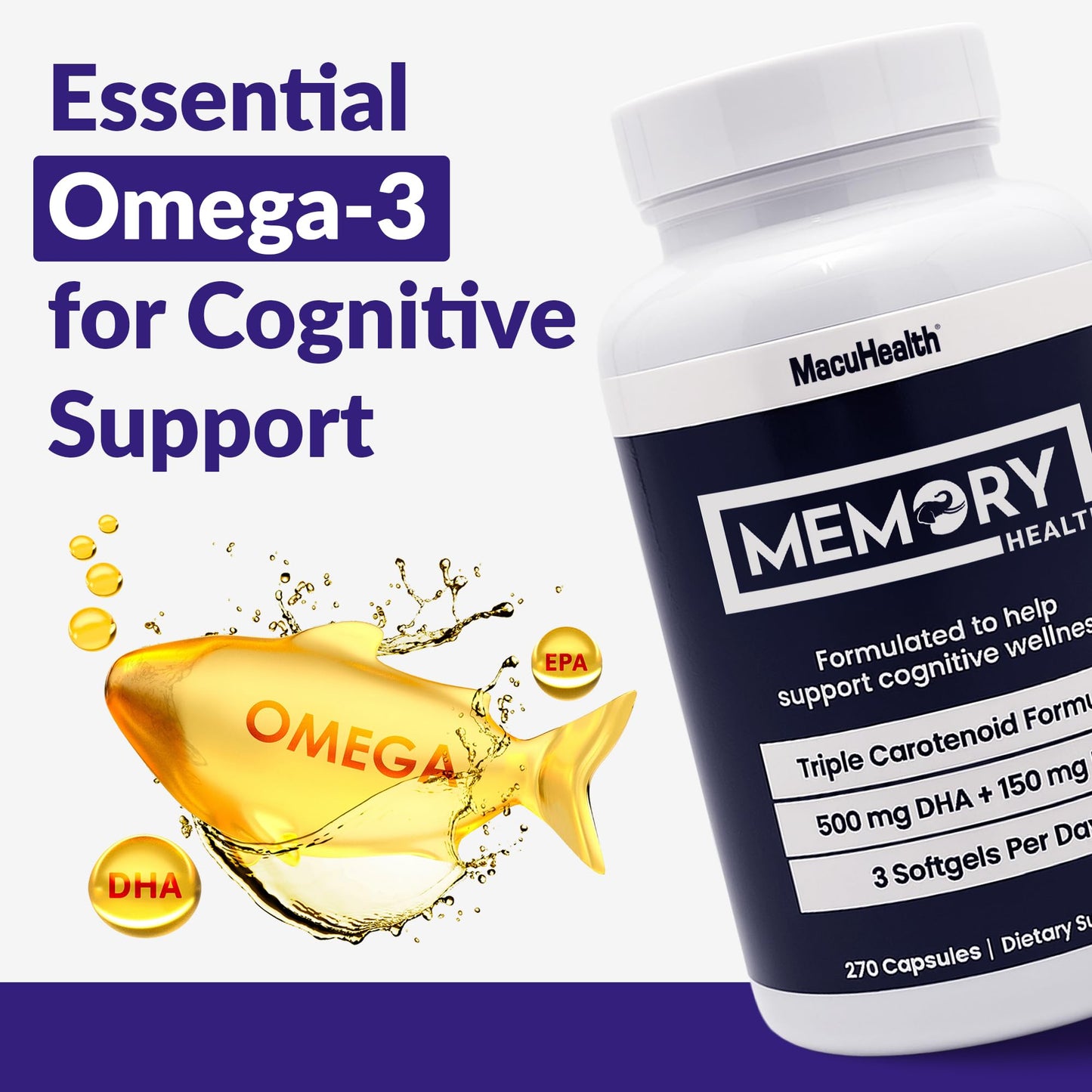 Memory Health Softgels with Omega-3, Carotenoids, and Vitamin E – Designed for Mental Focus, Energy, and Enhanced Clarity - (270 Softgels, 90 Days Supply)