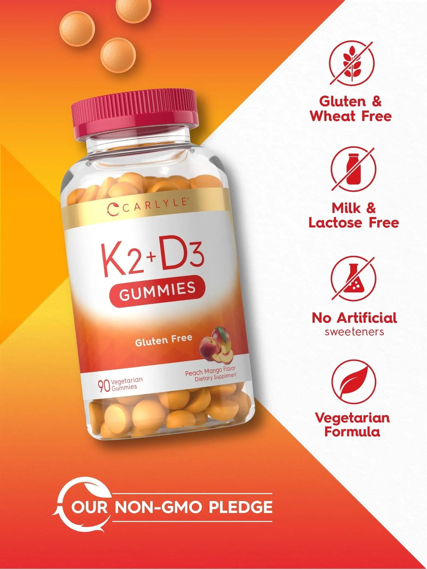 Carlyle Vitamin D3 K2 Gummies | 90 Count | 5,000 IU of D3 + 100 mcg MK7 | Peach Mango Flavor CarlyleBuy Supplements Australia