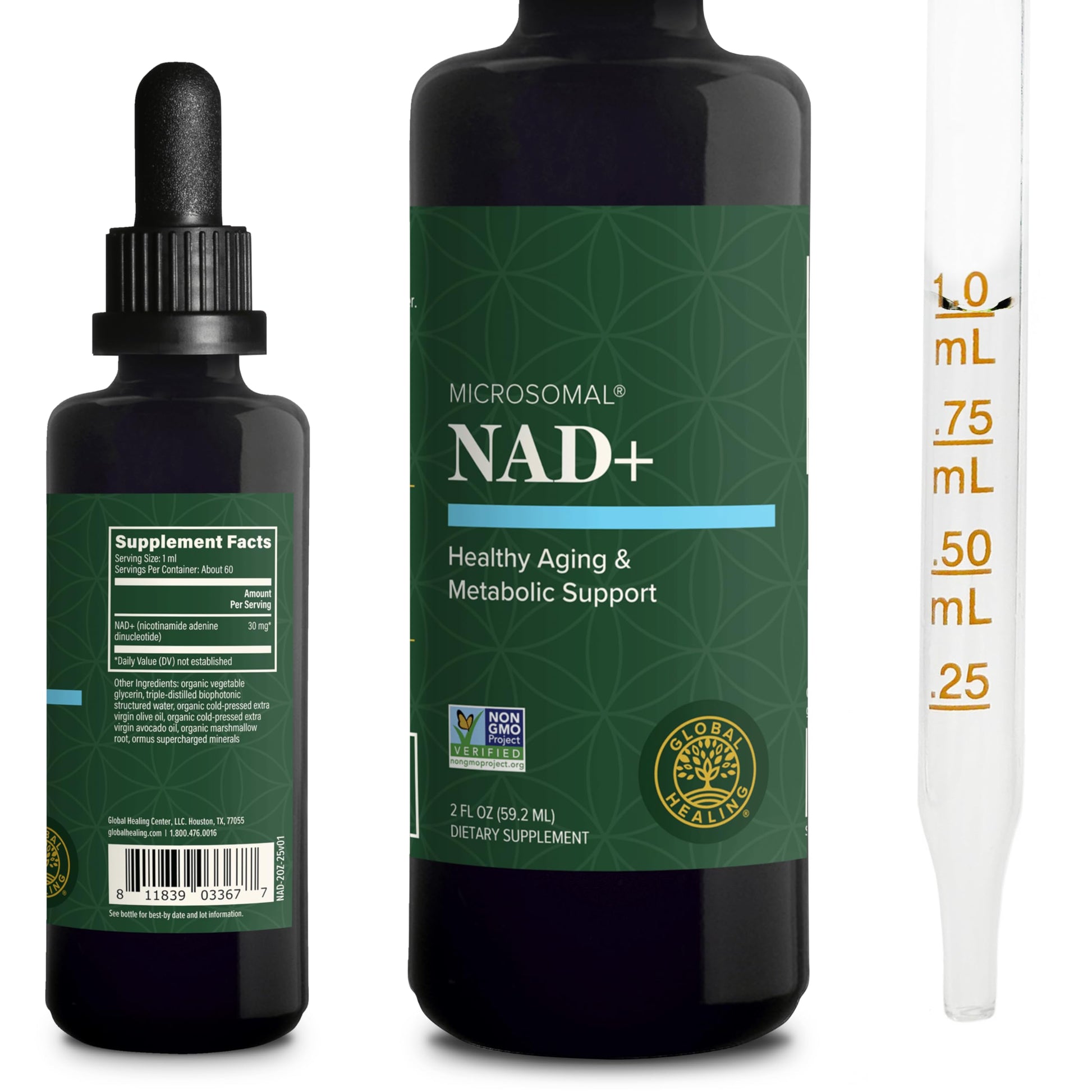 Two bottles of Microsomal NAD+ supplement with dropper and measuring device on a white background