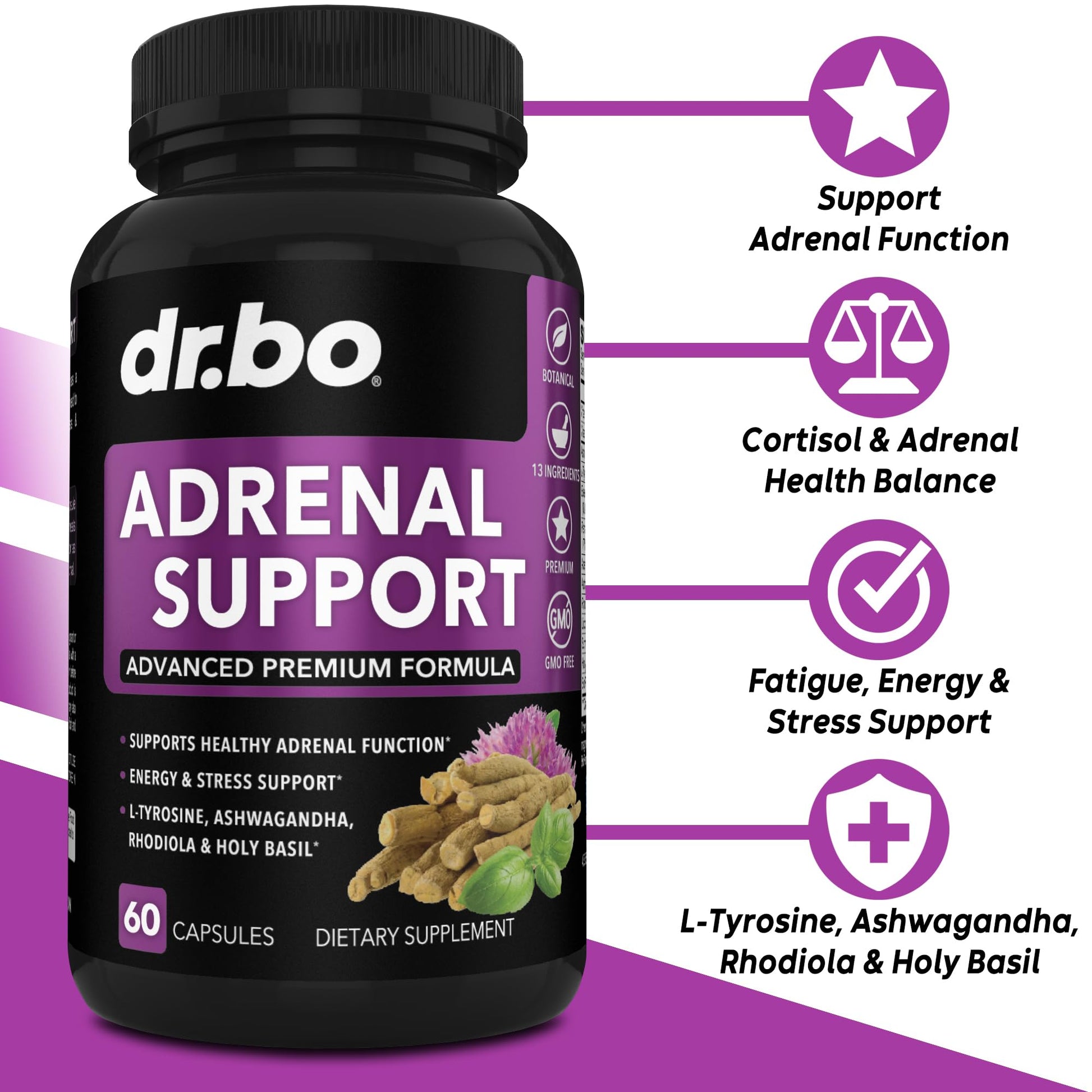 Adrenal Support Cortisol Manager Supplement - Adrenal Fatigue Supplements for Women & Men with Natural Adaptogen Ashwagandha Holy Basil Rhodiola L Tyrosine Complex Fatigue Cortisol Health - 60 Pills DR. BOBuy Supplements Australia