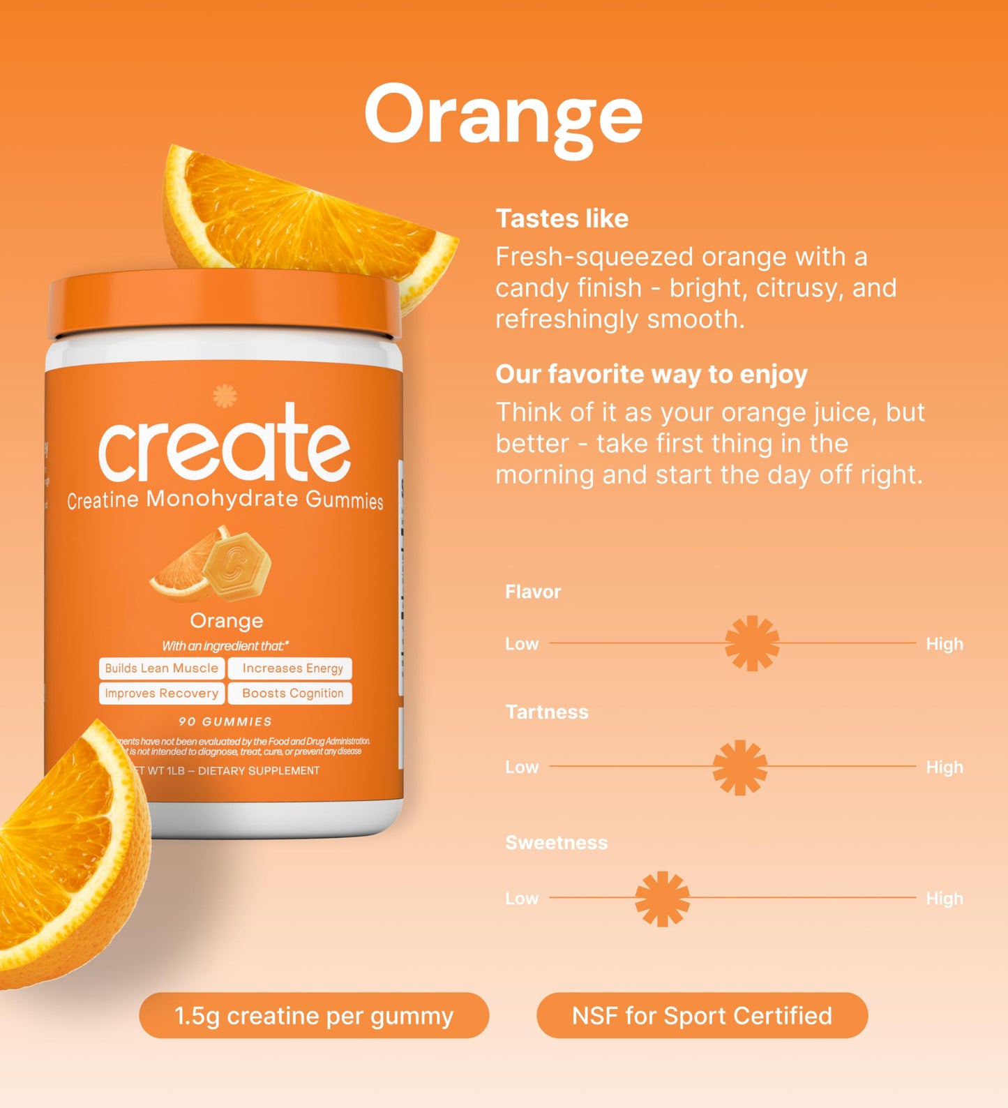 Create Creatine Monohydrate Gummies for Men & Women, Boost Focus, Strength, and Endurance, Anti-Melting Formula, Vegan, Gluten-Free, Non-GMO, 1.5g of Creatine per Gummy (Orange) CreateBuy Supplements Australia