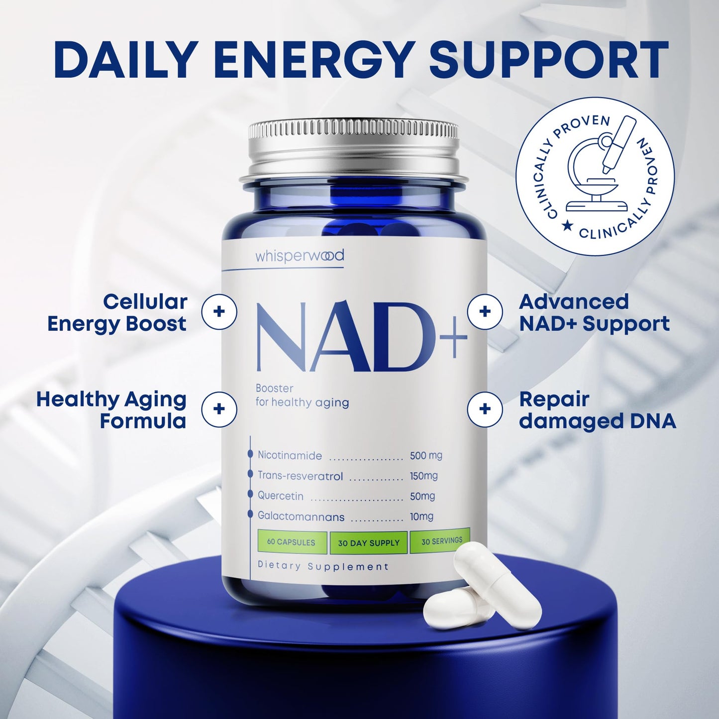 NAD+ Supplement with Nicotinamide Riboside, Trans Resveratrol & Quercetin – NAD Plus Complex for Energy, Brain & Mitochondrial Support – Antioxidant and Longevity Formula for Women & Men – 60 capsules WHISPERWOODBuy Supplements Australia