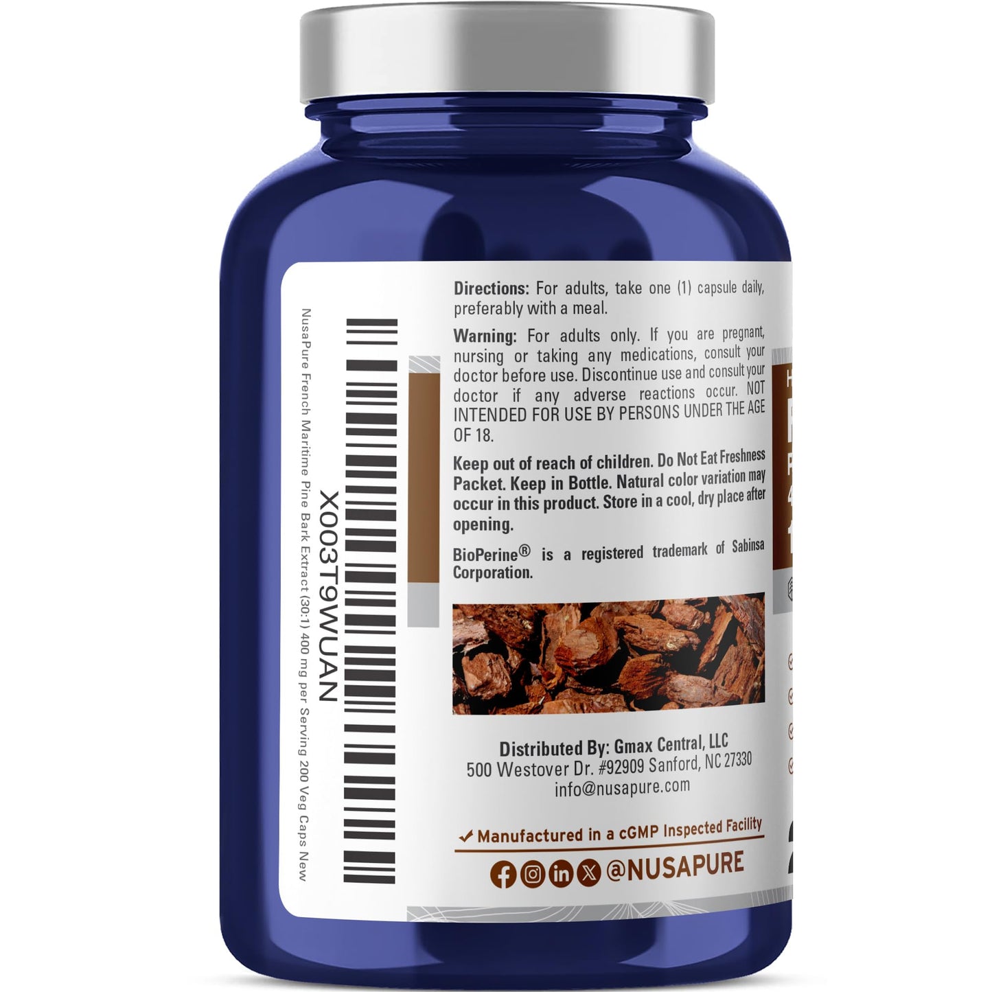 NusaPure French Maritime Pine Bark 30:1 Extract, 400 mg Equivalent to 12,000 mg Per Veggie Caps 200-Day Supply, Bioperine (Non-GMO & Vegan) NusaPureBuy Supplements Australia