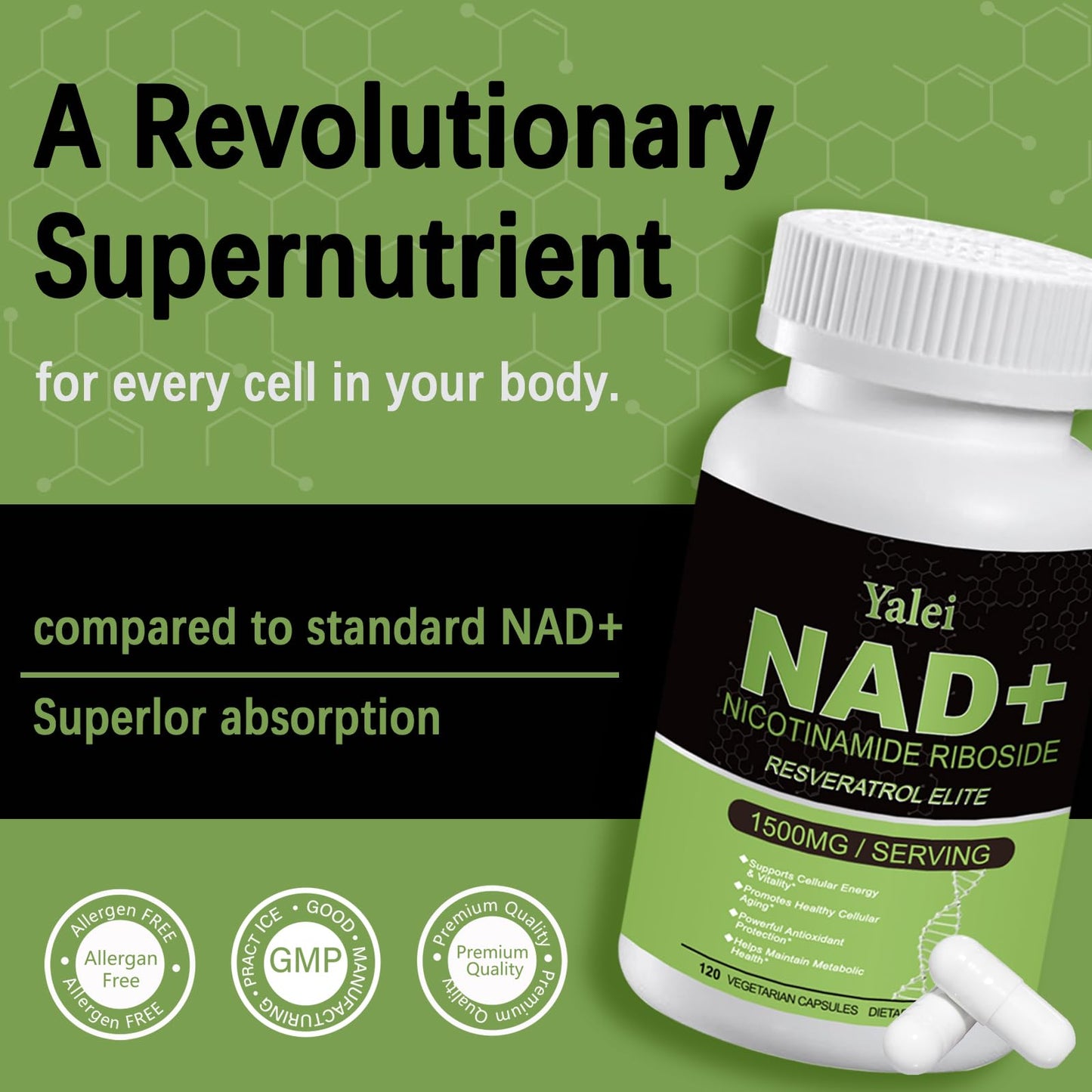 Yalei NAD Resveratrol Supplement 1500mg,120 Veggie Capsules | Liposomal NAD Plus Boosting | Support Cellular Health, Stamina & Healthy Aging for Women & Men | Non-GMO YaleiBuy Supplements Australia