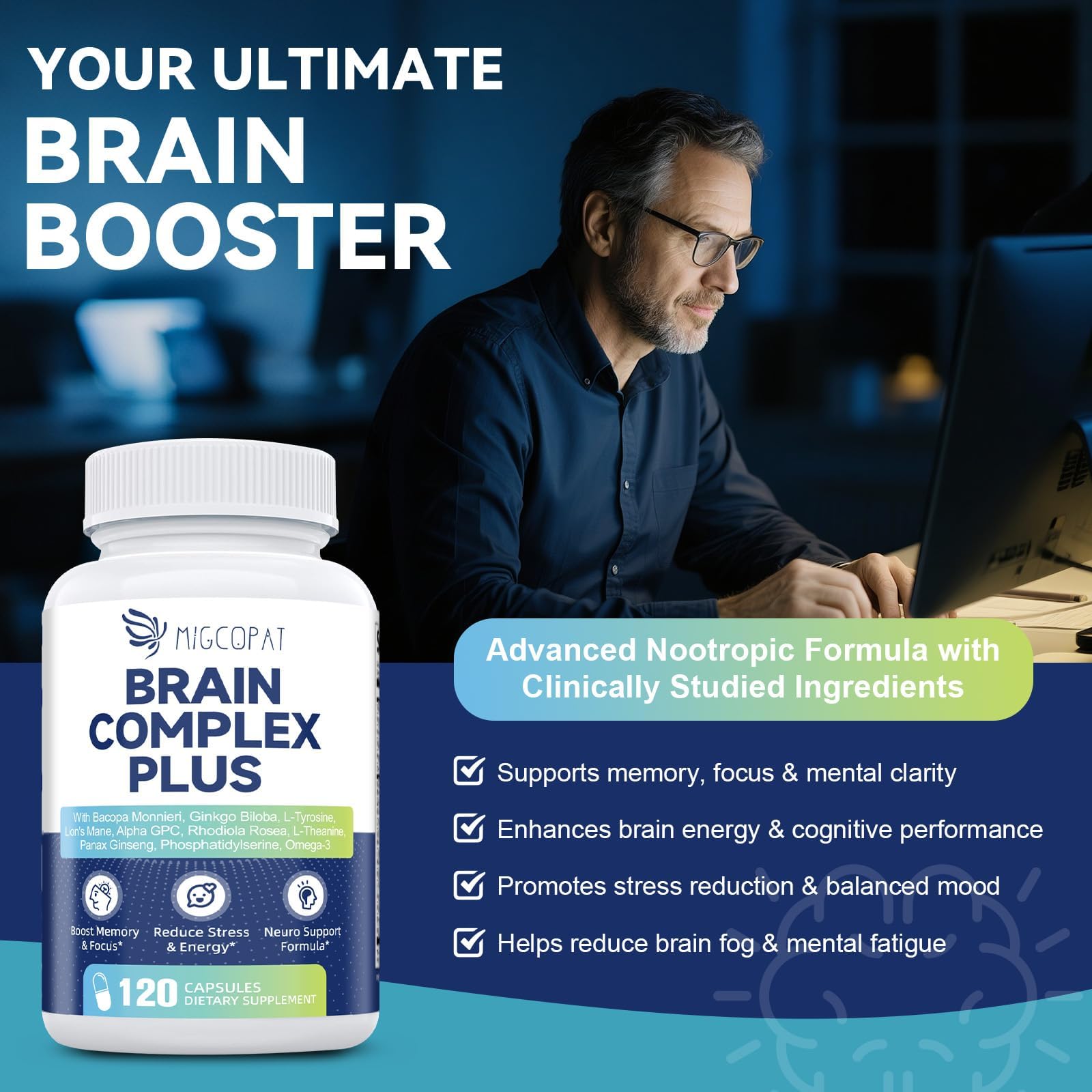 Brain Supplements for Memory and Focus | Nootropic with Bacopa Monnieri, Lion's Mane, Alpha GPC, Ginkgo Biloba | Mental Clarity & Cognitive Support | Vitamin B6 & B12 Neuro Health - Non-GMO, 120 Caps MigcopatBuy Supplements Australia