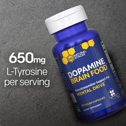 NATURAL STACKS Dopamine Brain Food - 650mg L-Tyrosine Supplement - Dopamine Supplement for Focus & Mental Drive - Supports Mental Energy - Neurotransmitter Support with B Vitamins - 60 Capsules NATURAL STACKSBuy Supplements Australia