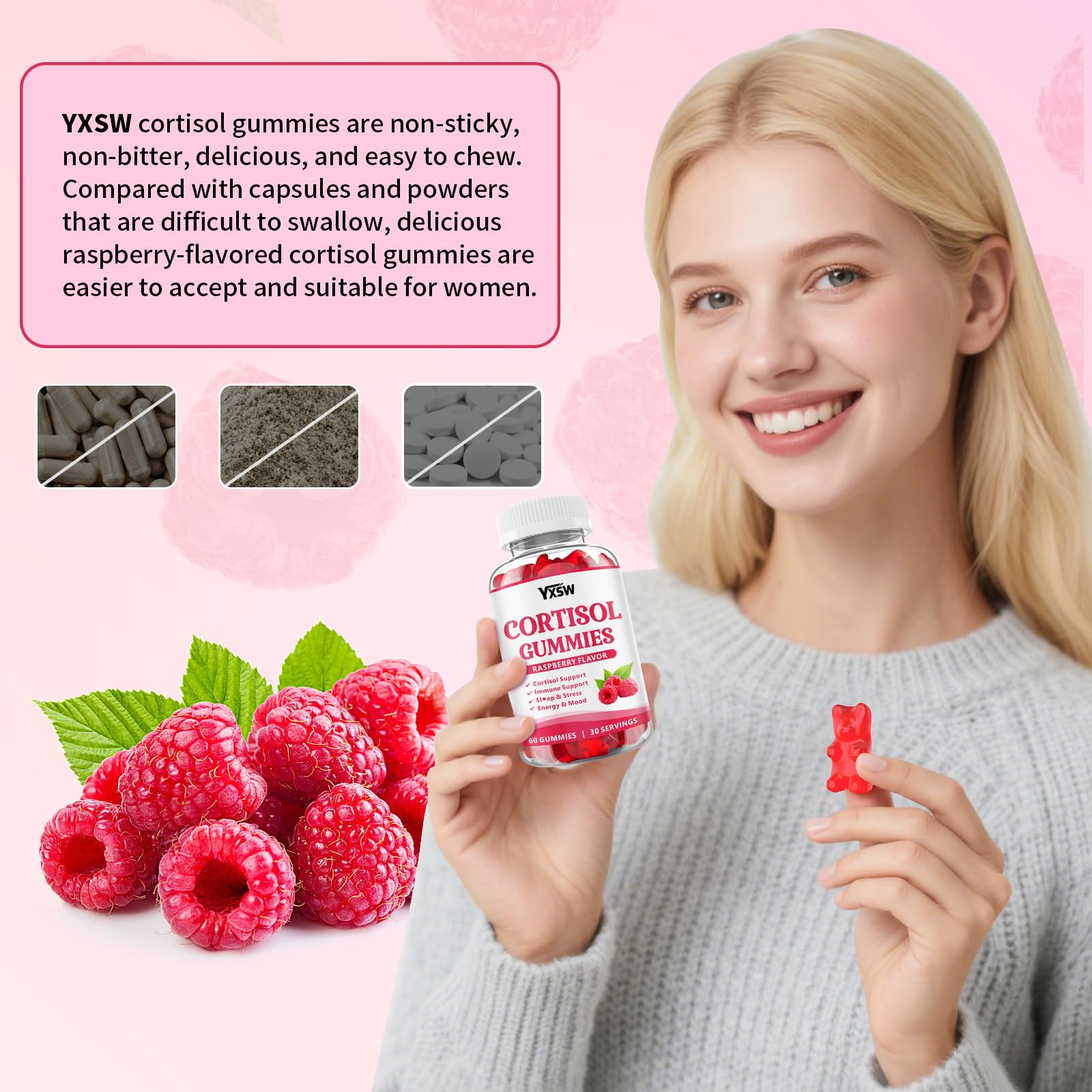 YXSW Cortisol Supplements Gummies for Women Sugar-Free Cortisol Gummies with Magnesium Glycinate Ashwagandha Rhodiola Rose for Relaxation, Focus, Zzz Support, Raspberry Flavor, 60 Count YXSWBuy Supplements Australia
