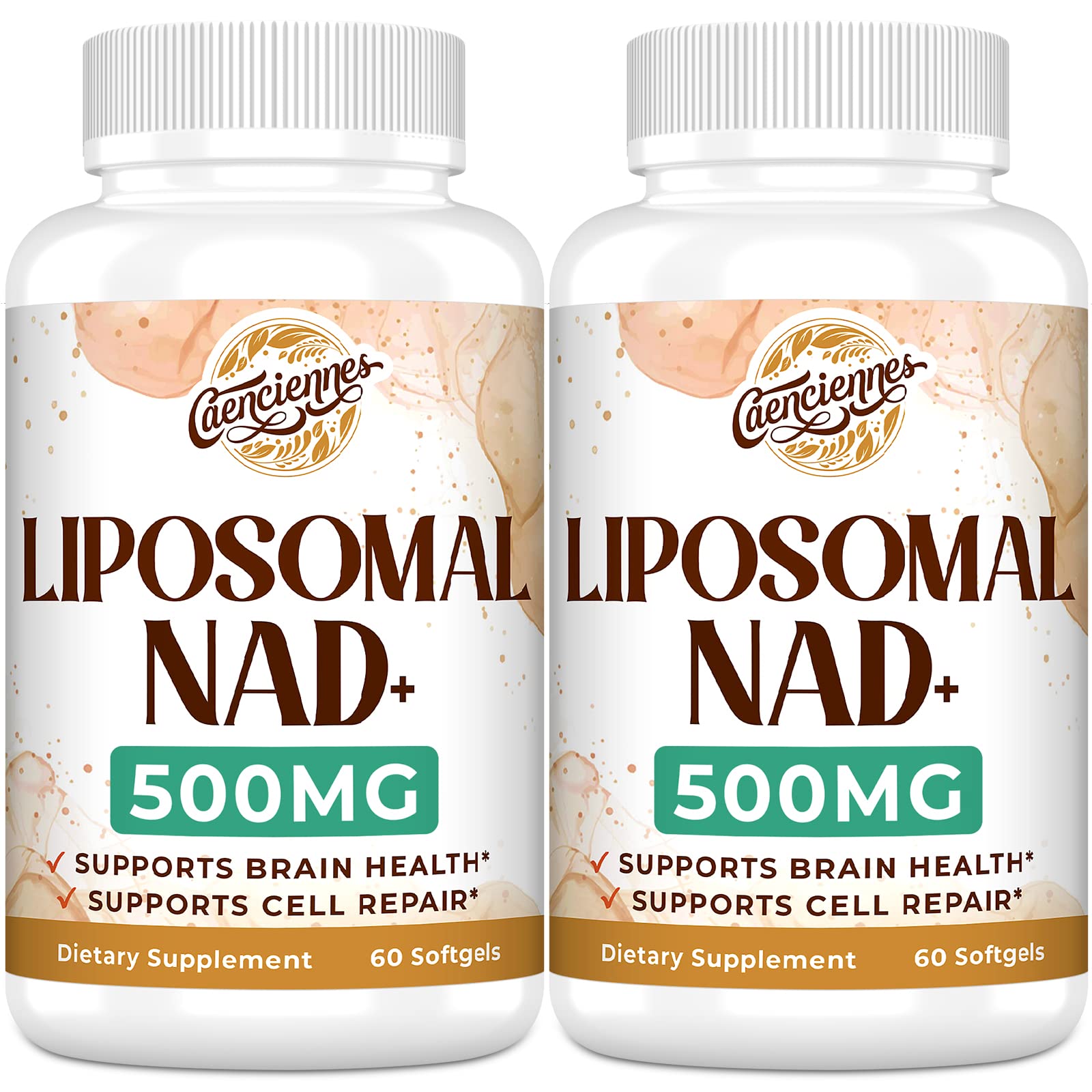 Two bottles of Liposomal NAD+ 500MG dietary supplements on a white background