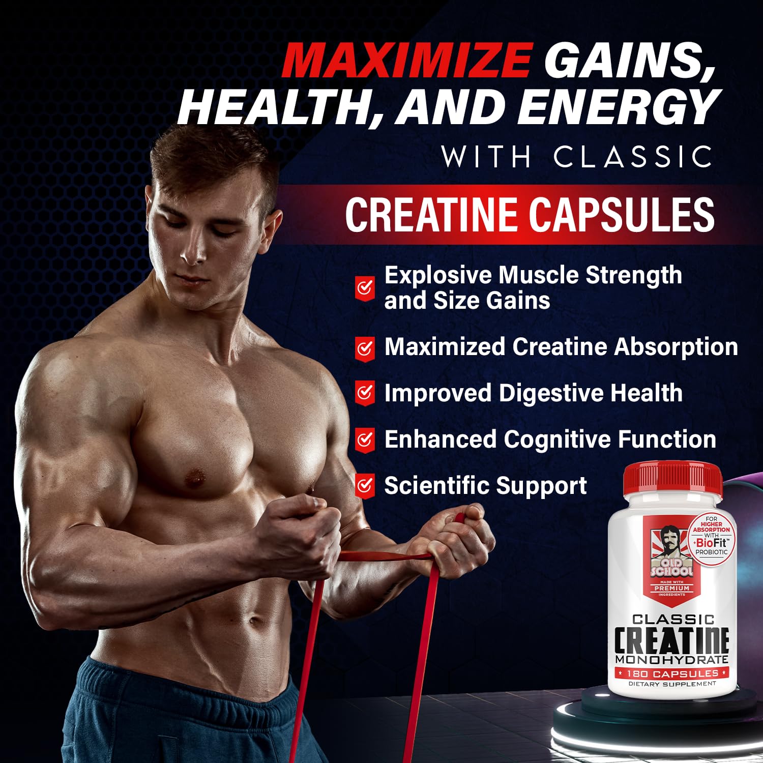 Old School Labs 5000mg Creatine Monohydrate Capsules With BioFit™ (Max Strength) Supports Muscle Growth & Recovery, Performance, Cognitive Health - Creatine Pills for Men & Women, Made in USA 180 Caps Old School LabsBuy Supplements Australia