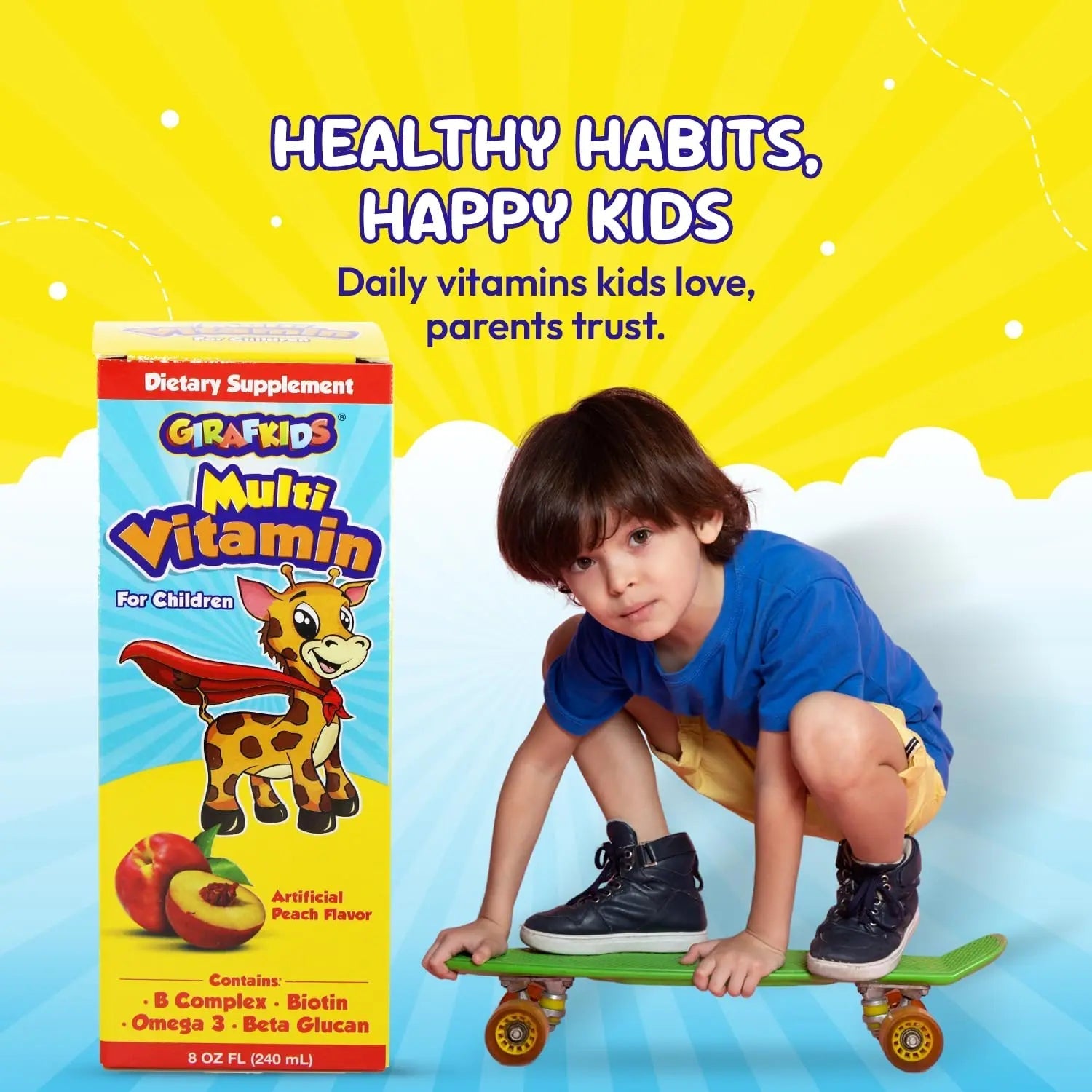 GirafKids Liquid Multivitamin for Kids Ages 4+, 8oz - Daily Child Vitamins with Biotin, Vitamin A, B Complex, Folic Acid, Omega-3 & Beta Glucan PHARMADEL