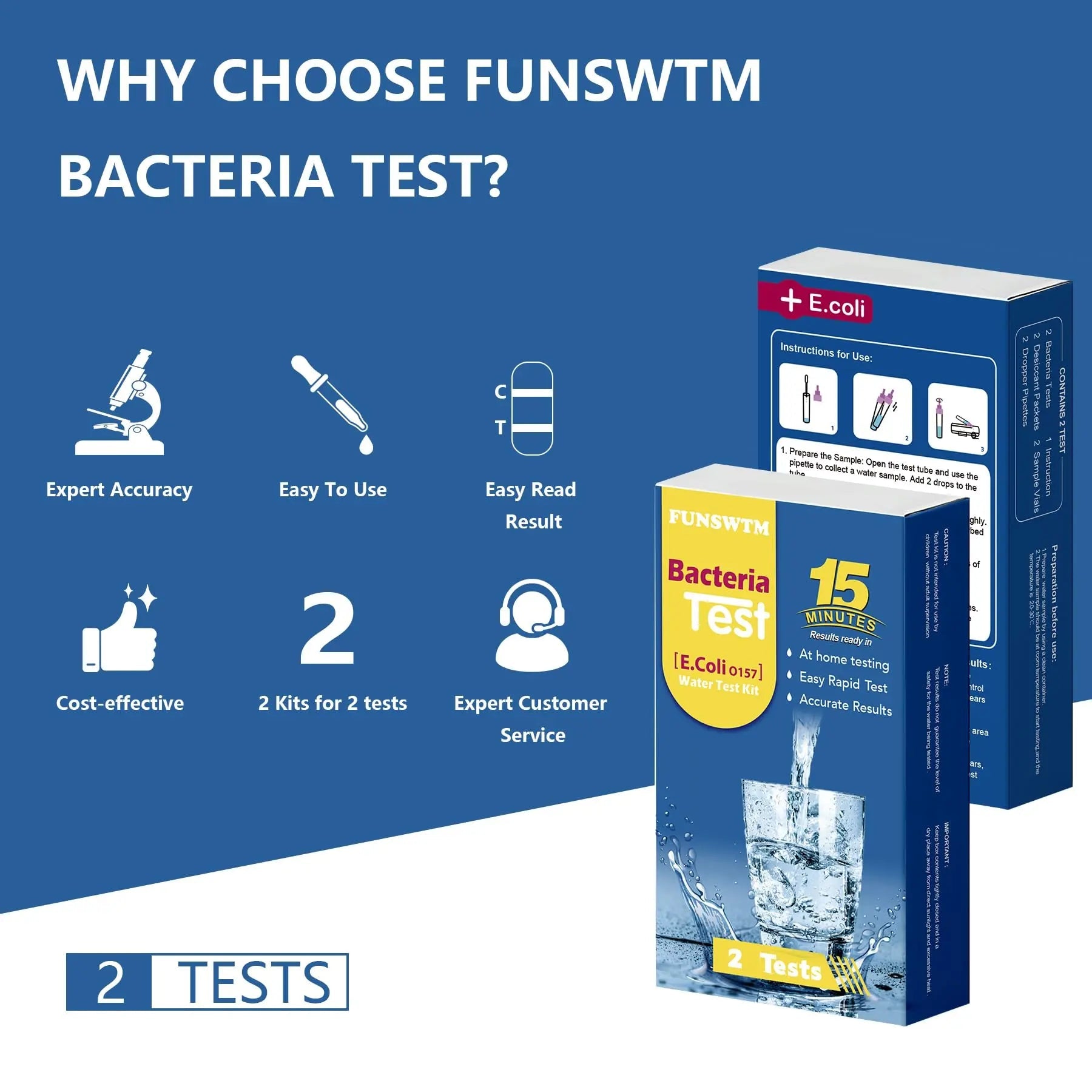Bacteria Water Test Kit - Results as Fast as 15 MINS -Detects Coliform (Inc. E. coli) & Non-Coliform Bacteria in Drinking, Well Tap & Pool Water – 2 Pack FUNSWTMBuy Supplements Australia