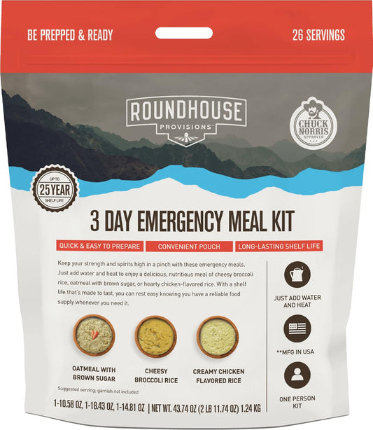 by Chuck Norris Roundhouse Provisions 3 Day, 26 servings Emergency Meal Kit, Grab-and-Go, Premade, Disaster Prep, Hiking, Survival, Adventure, Camping Food, 25 Year Shelf Life. ROUNDHOUSE PROVISIONBuy Supplements Australia
