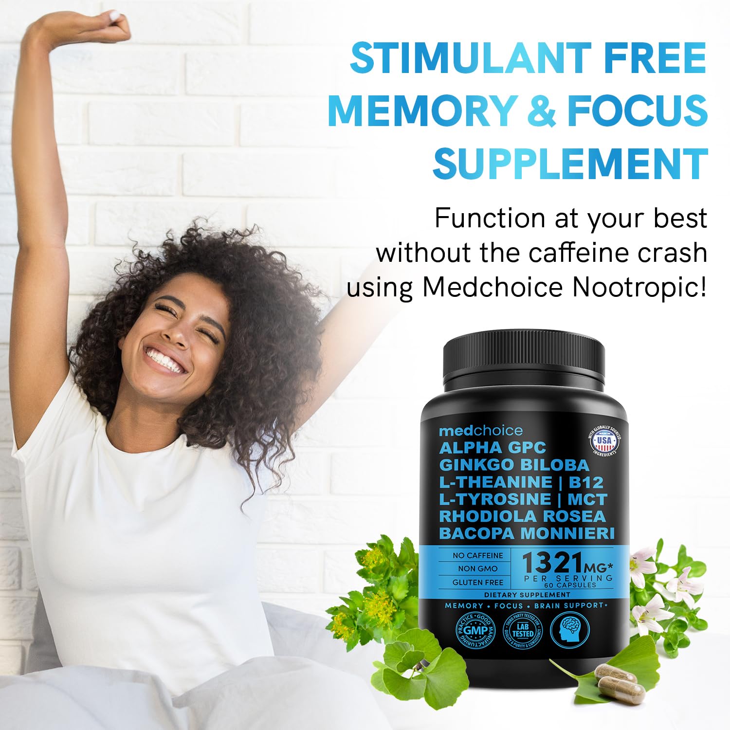 12-in-1 Nootropic Brain Supplement Anhydrous: Ginkgo Biloba for Brain Support, Memory and Focus - B12, Alpha GPC, L Theanine and Choline Supplements with Bioperine non Caffeinated 1321mg (120ct) MEDCHOICEBuy Supplements Australia