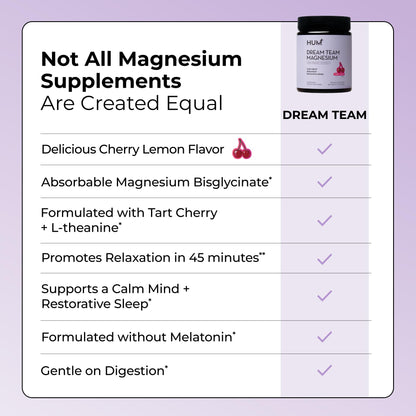 Hum Nutrition Dream Team Magnesium Bisglycinate Powder, L Theanine & Tart Cherry Magnesium Supplement Drink Mix, Support Rest, Relaxation & Sleep Routine, Gluten Free, Vegan, Cherry Lemon, 30 Servings HUMBuy Supplements Australia