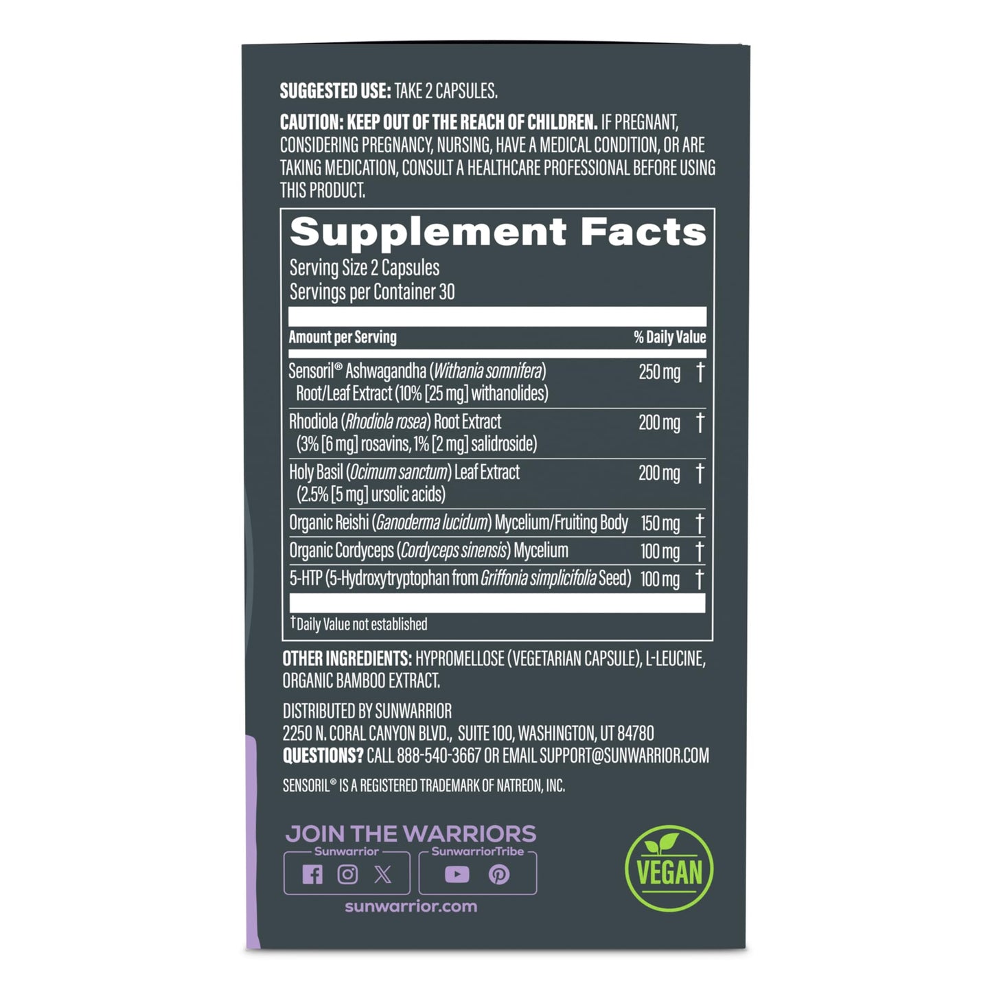 Ashwagandha, Rhodiola, Reishi & 5-HTP for Stress-Free Focus Active Focus & Balance Capsules Caffeine-Free Nootropic for Calm Energy & Mental Clarity, Mood & Immune Support 60 Vegan Capsules SunwarriorBuy Supplements Australia