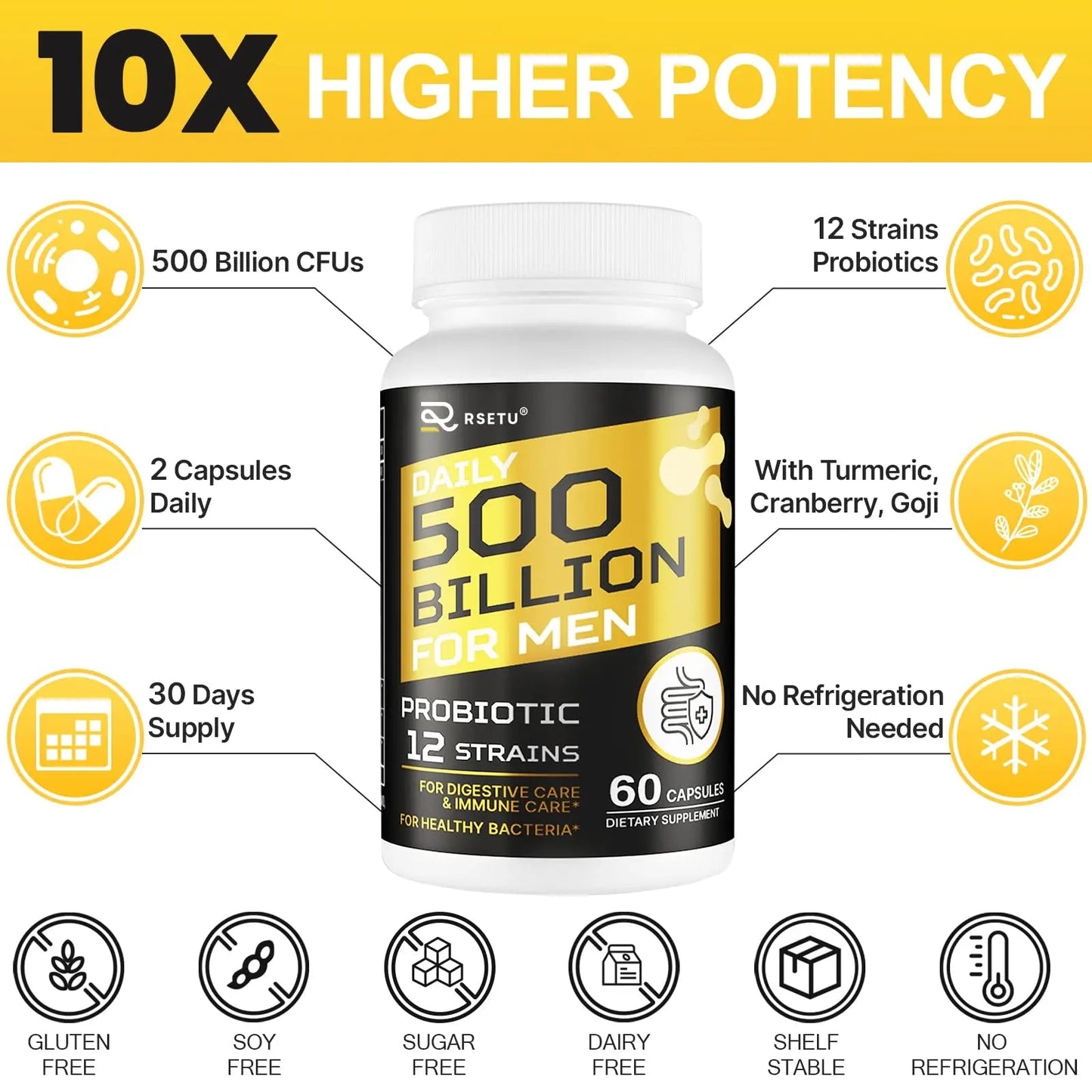 Probiotics for Men, 500 Billion CFUs & 12 Strains Mens Probiotic with Turmeric Cranberry, Goji, Gut Health for Men, for Digestive Health, Gut, Bloating & Gas, Immune, Energy Support, 120-Day Supply RSETU buy supplements Au