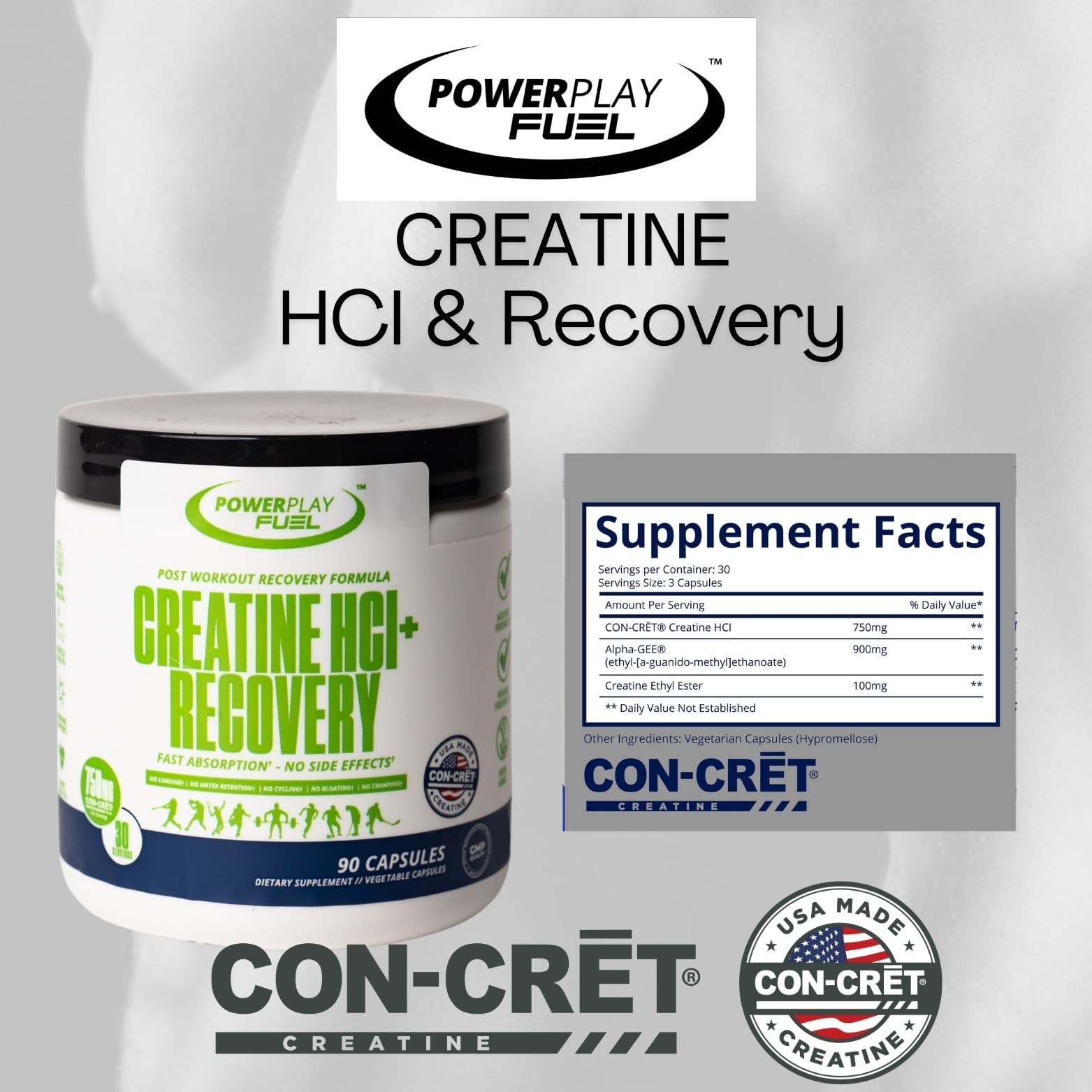 CREATINE HCl + Recovery Capsules for Men and Women, Muscle & Brain Health, Cognitive Function, Immune Support - 90 Vegetable Capsules POWER PLAY FUELBuy Supplements Australia