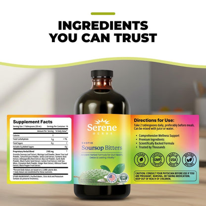 Serene Herbs - Soursop Bitters Liquid - Organic Herbal Guanabana Detox with Black Seed, Moringa & Ginger
