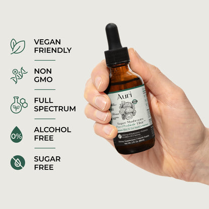 Auri Nutrition Super Mushroom Pre+Probiotic Elixir – 3-in-1 Gut Health Supplement w/7 Probiotic Strains, Prebiotic Mushrooms & Postbiotic Support – Vegan