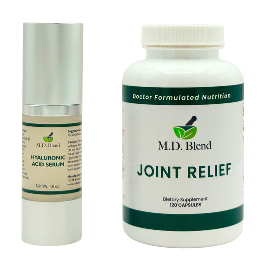M.D. Blend Wellness Bundle with joint health supplement (120 capsules) & lightweight face hydrating hyaluronic acid serum (30 ml) featuring an airless pump, daily wellness skincare + joint support duo M.D. BlendBuy Supplements Australia