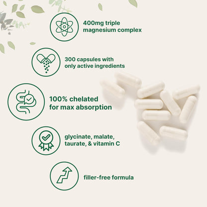 Micro Ingredients Pure Magnesium Complex, 300 Capsules | Triple Magnesium Glycinate, Malate, Taurate with Vitamin C | 100% Chelated | Supports Muscles