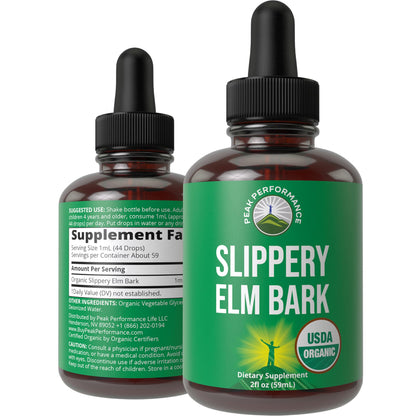 Slippery Elm Bark USDA Organic Vegan Liquid Drops. Extract with High Bioavailability for Women, Men, Kids. for Sore Throat, Irritated Stomach. Zero Sugar, Gluten Free, Tincture Supplement No Capsules Peak PerformanceBuy Supplements Australia