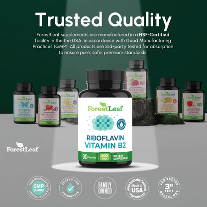 ForestLeaf Vitamin B2 Riboflavin 400mg - Energy, Skin & Cellular Health Supplement - Nervous System Support - Vitamin B 2 VIT B - Non-GMO & Gluten Free