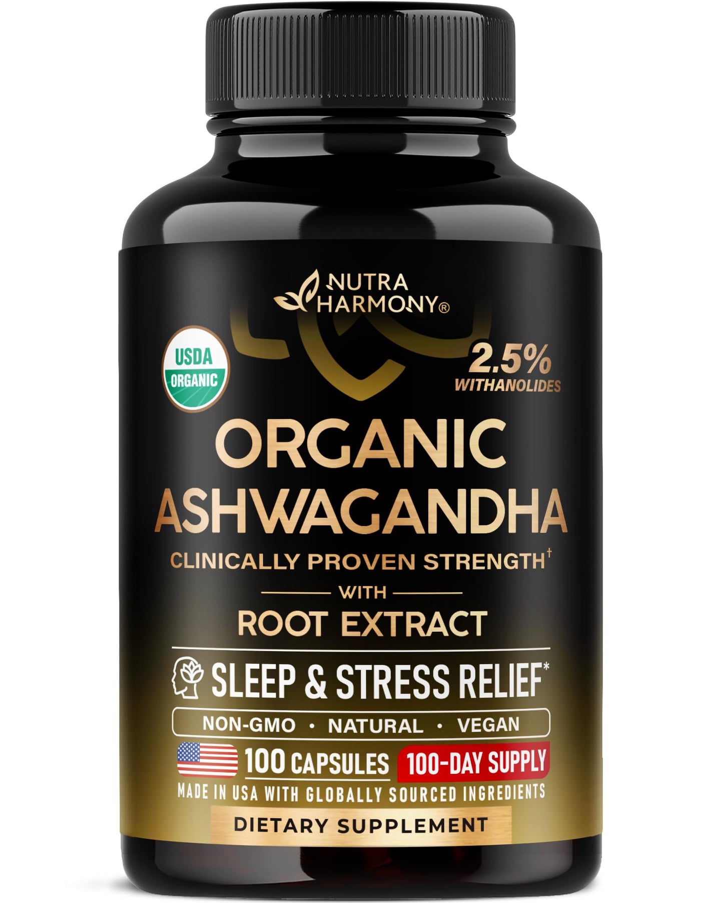 Ashwagandha Supplements 1800mg - USDA Organic Ashwagandha for Women & Men - Clinically Effective Strength for Stress Relief & Sleep - Powder & Root Extract 2.5% Withanolides - Made in USA 100 Capsules NUTRAHARMONYBuy Supplements Australia