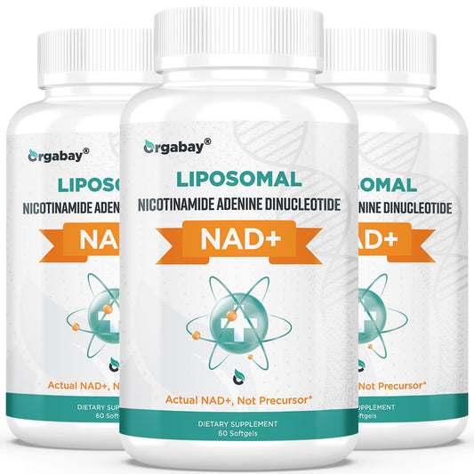 Three bottles of Orgabay LIPOSOMAL NAD+ dietary supplements on a white background