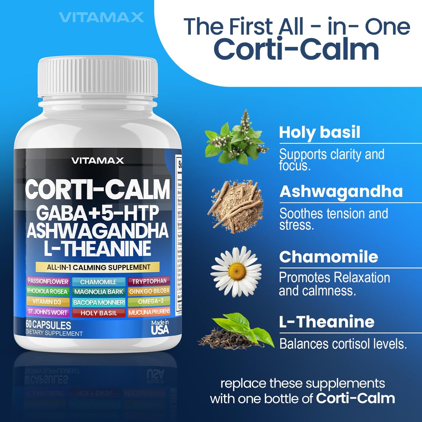 Corti-Calm Cortisol Supplement, L Theanine, Ashwagandha, Vitamin D 3, GABA for Relaxation, Fatigue & Focus with Ginkgo Biloba, Bacopa Monnieri, 5-HTP – Non-GMO, Made in USA – 60ct VitamaxBuy Supplements Australia