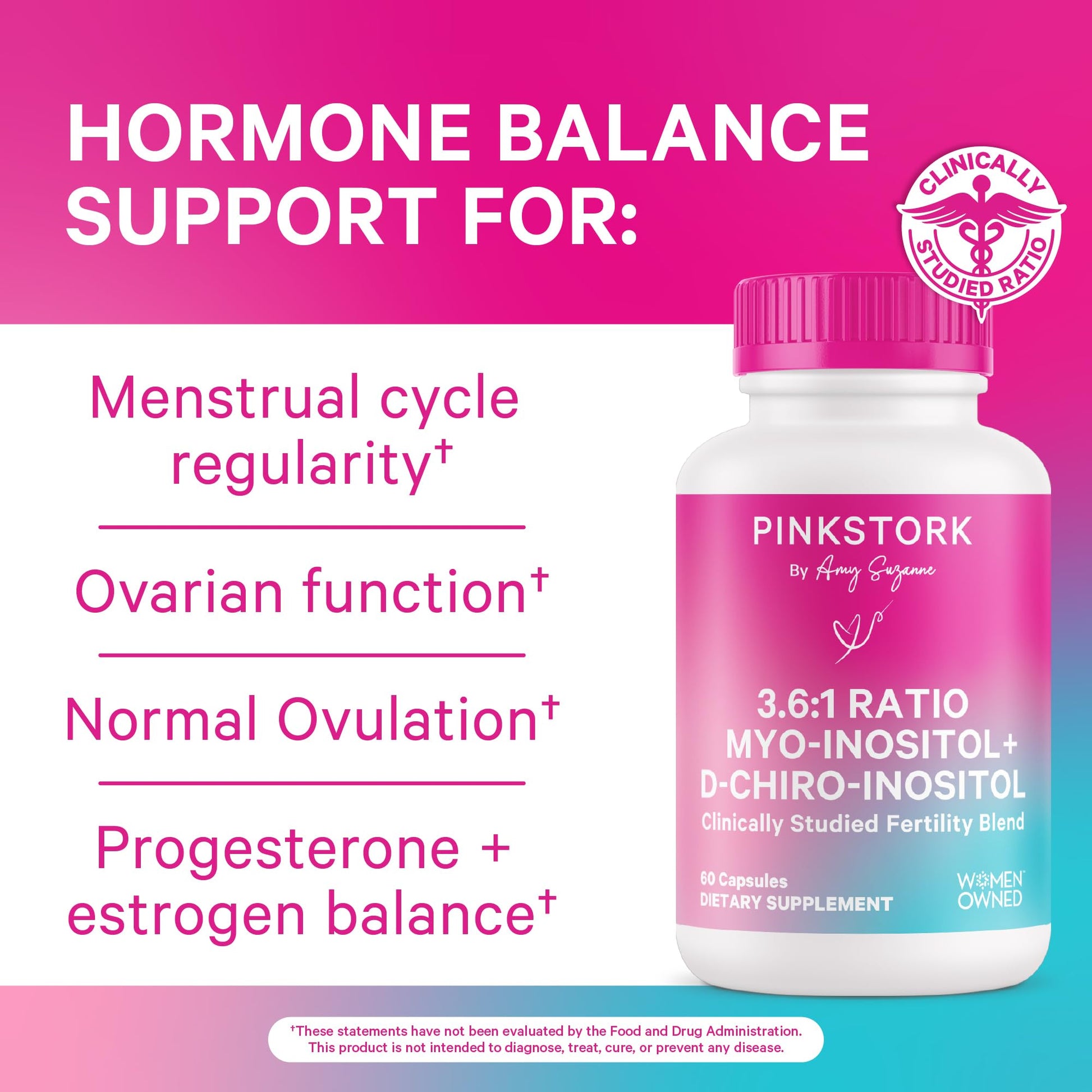 Pink Stork Myo-Inositol & D-Chiro Inositol: 3.6:1 Blend to Support Fertility, Hormone Balance for Women - Ovarian Function, Ovulation, Conception, and Period Support Supplement - 60 Capsules Pink StorkBuy Supplements Australia