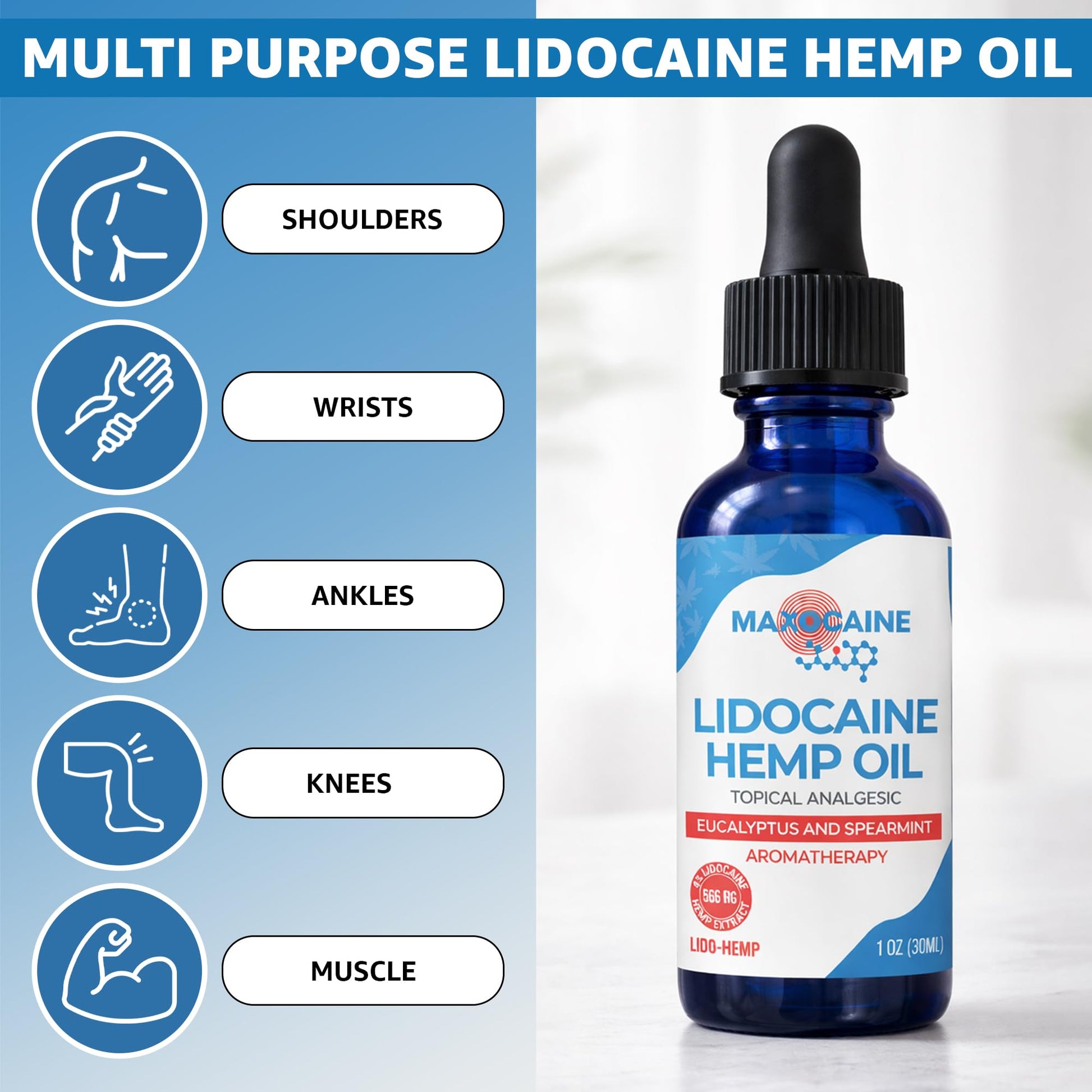 MAXOCAINE Lidocaine Hemp Oil 4% - Maximum Strength Topical Pain Relief, Fast Acting Soothing Oil for Muscle, Joint, Back & Arthritis Support, Cooling Eucalyptus & Spearmint, 1 oz (30 ml) MAXOCAINEBuy Supplements Australia