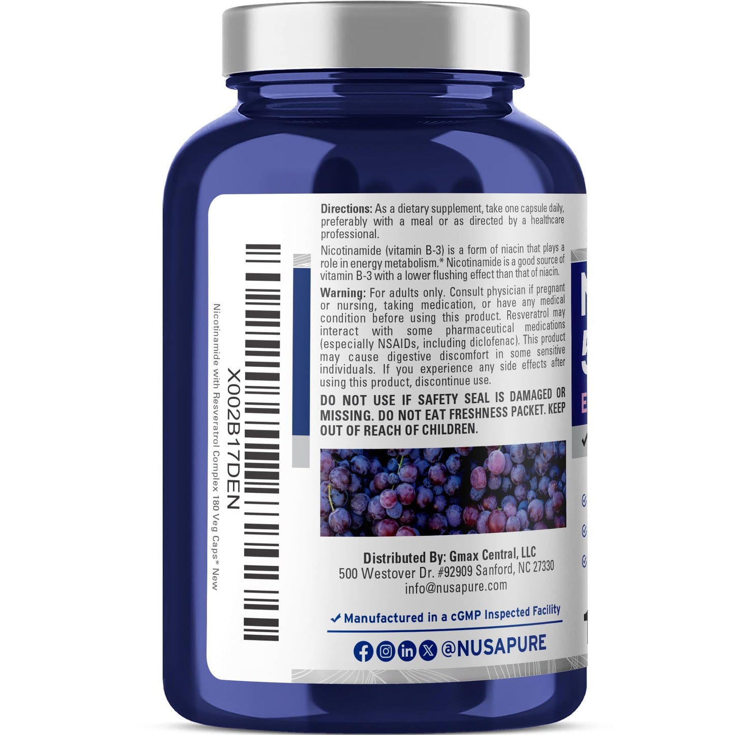 NusaPure Nicotinamide with Resveratrol (Vitamin B-3) 500 mg - 180 Vegetarian Caps (Non-GMO & Vegan) NusaPureBuy Supplements Australia