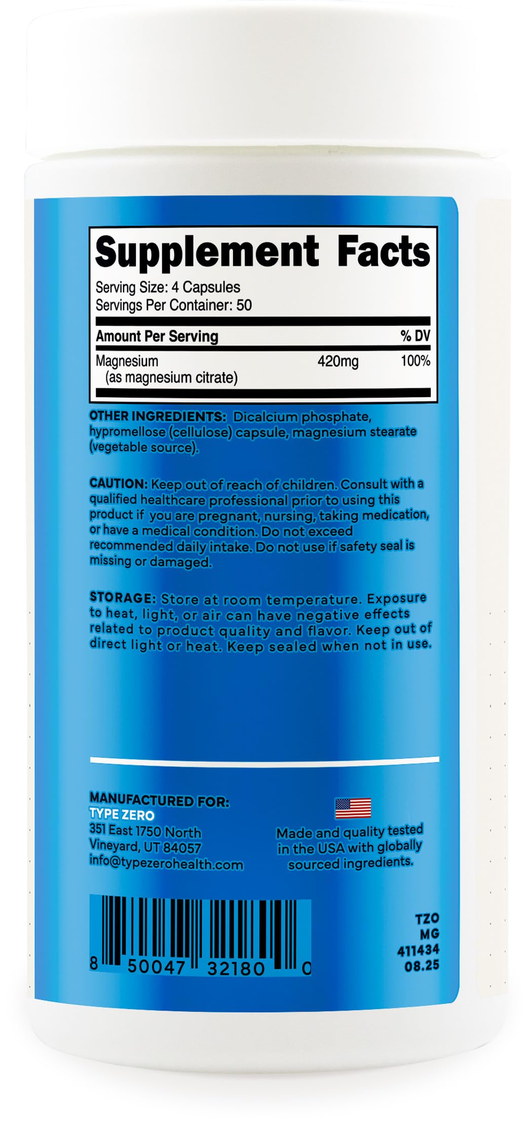 Type Zero Clean Magnesium Citrate Capsules (420mg Per Serving - 200 Capsules) Pure Magnesium Citrate Supplement, Non-GMO - Gluten Free, 50 Servings Type ZeroBuy Supplements Australia