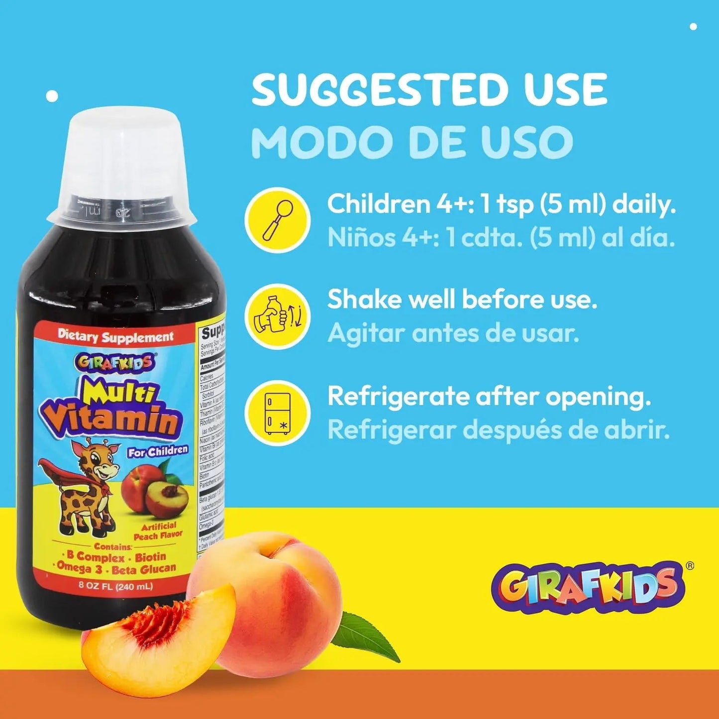 GirafKids Liquid Multivitamin for Kids Ages 4+, 8oz - Daily Child Vitamins with Biotin, Vitamin A, B Complex, Folic Acid, Omega-3 & Beta Glucan PHARMADEL