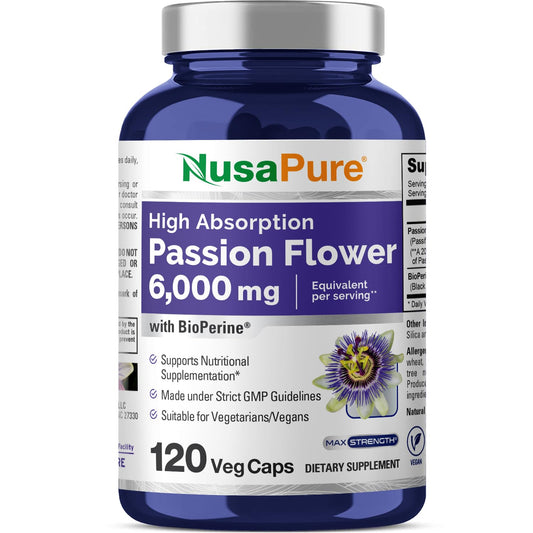 NusaPure Passion Flower 20:1 Extract, 300 mg Equivalent to 6,000mg, 120 Veggie Caps, Non-GMO, Bioperine, & Vegan Extract Supplement NusaPureBuy Supplements Australia