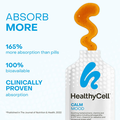 Healthycell Calm Mood Daily Liquid Supplement - Cortisol Manager & Mood Support Supplement for Stress with Ashwagandha, L-Theanine, Magnesium, 5-HTP, GABA & Saffron - 30 Gel Packs HealthycellBuy Supplements Australia