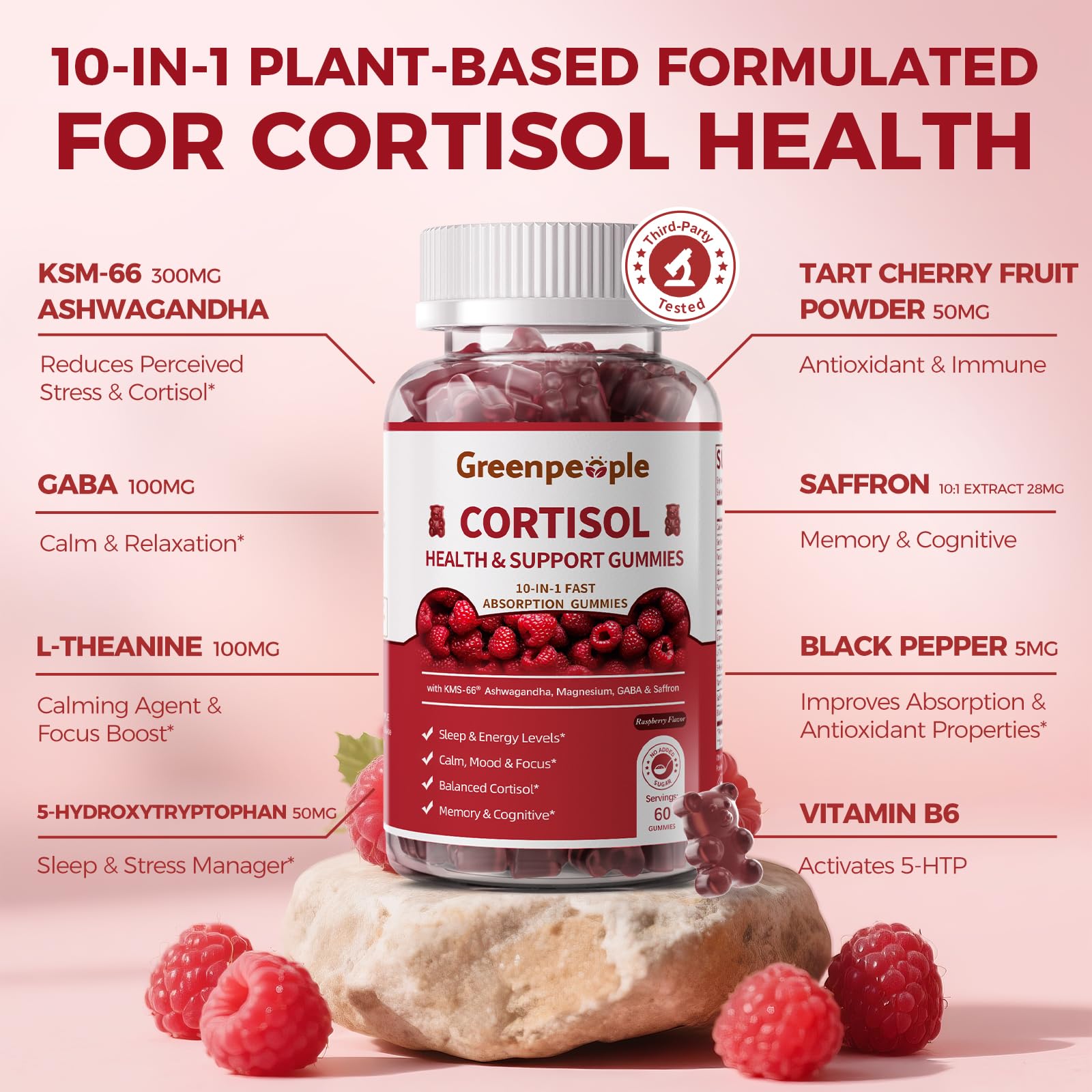 GREENPEOPLE Cortisol Supplements for Women & Men - Cortisol Reducer Detox Manager w/KSM-66 Ashwagandha/Magnesium/L-theanine/GABA/Vitamin B6 for Mood/Sleep/Stress Relief 60 CT Raspberry Flavor Gummies GREENPEOPLEBuy Supplements Australia