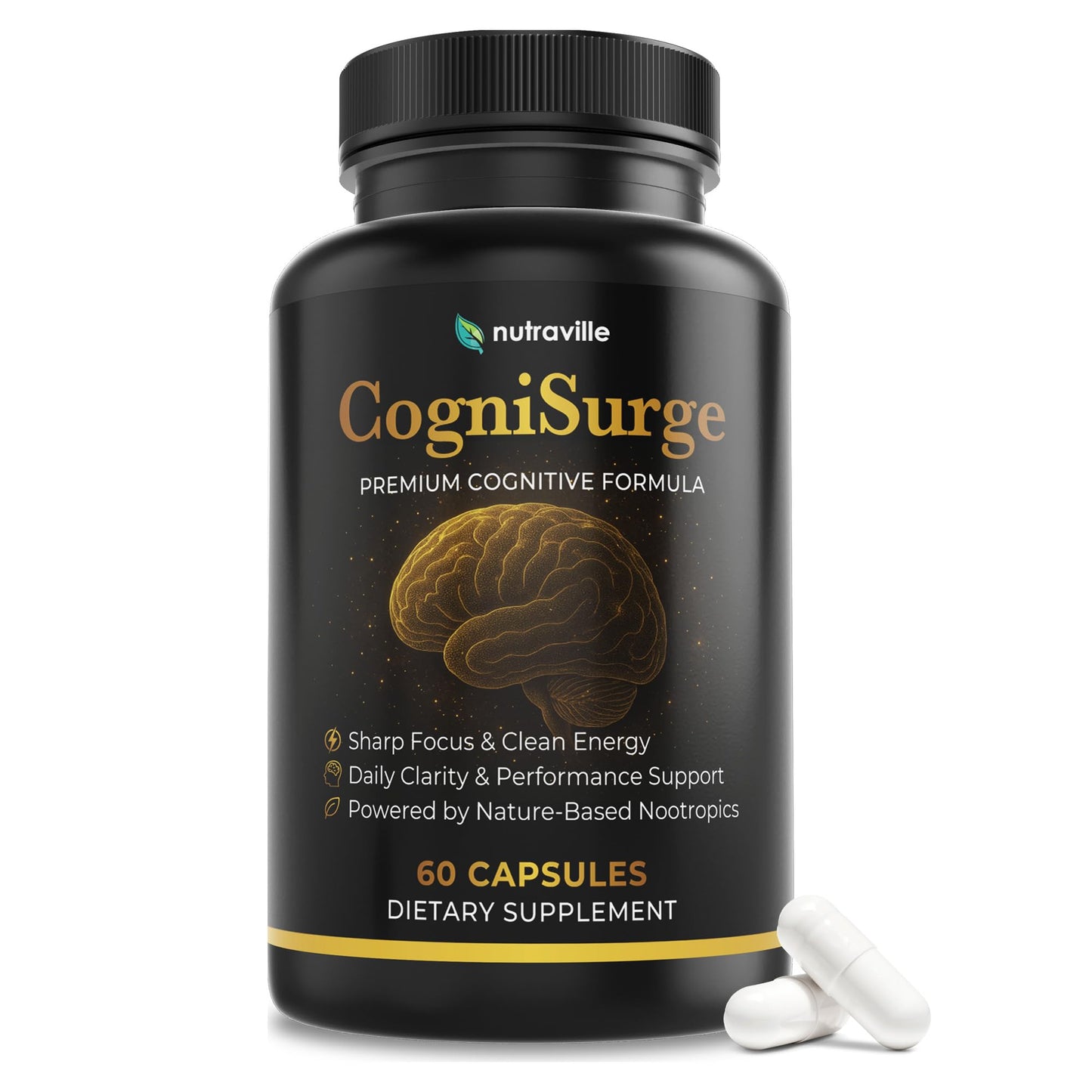 Nutraville CogniSurge Nootropics Brain Support Supplement for Memory and Focus - Nature-Powered Lion's Mane Supplement Capsules with Shilajit - No Caffeine or Stimulants - 30 Servings NutravilleBuy Supplements Australia
