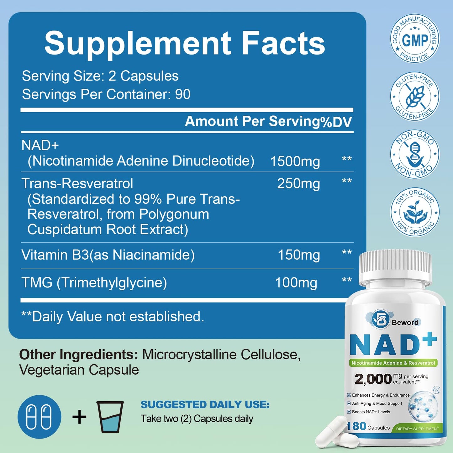 BEWORD Liposomal NAD 2000 Mg, 180 Capsules, 4-in-1 Formula with Liposomal NAD, Trans-Resveratrol, Non-GMO | Energy Support BEWORDBuy Supplements Australia