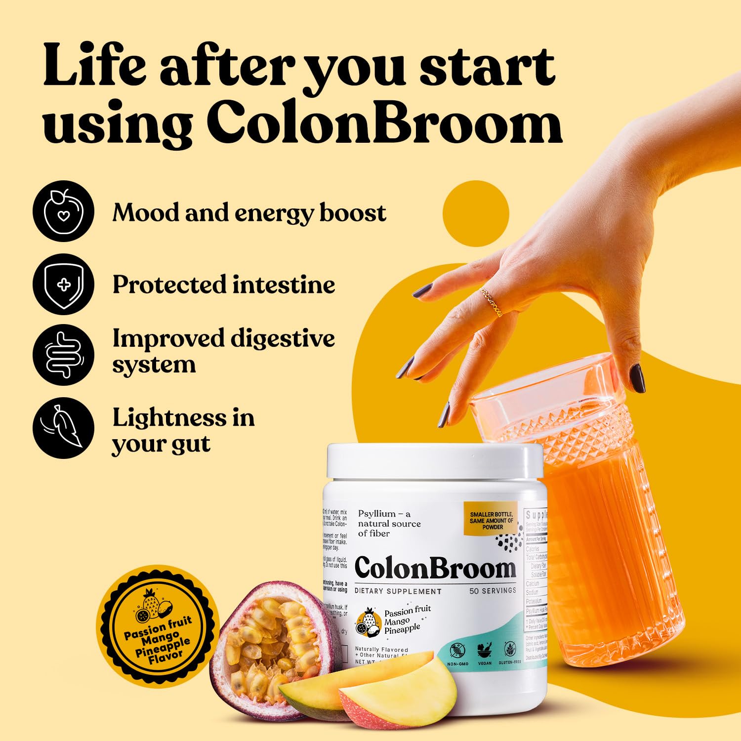 ColonBroom Psyllium Husk Powder with Stevia (Tropical Fruits) - Colon Cleanse for Bloating Relief & Gut Health - Colon Broom Fiber Powder Drink - Vegan Fiber Powder Stevia Supplement, 150 Servings ColonBroomBuy Supplements Australia