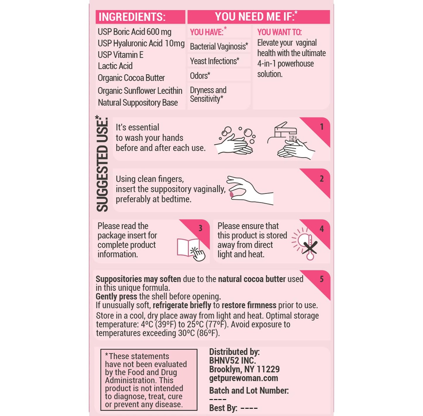 PURE WOMAN - pH-ighter Vaginal Boric Acid Suppositories for Women - Hyaluronic Acid - 4 in 1 Vaginal Suppositories for Discomfort, Dryness, Odor & pH Balance- Full Vaginal Health Care - 5pk PURE WOMANBuy Supplements Australia