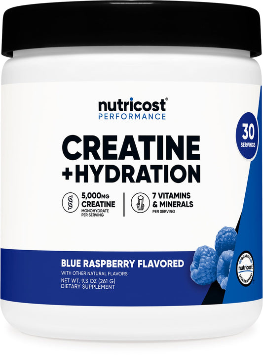Nutricost Creatine Monohydrate + Hydration Blue Raspberry Flavored (30 Servings) - 7 Vitamins & Minerals, 5000mg of Creatine Per Serving NutricostBuy Supplements Australia